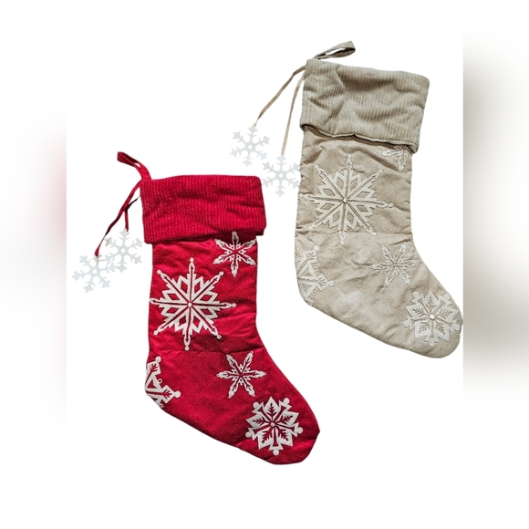 2 Holiday Stockings, Red and Cream with Embroidered Snowflakes - Picture 1 of 10